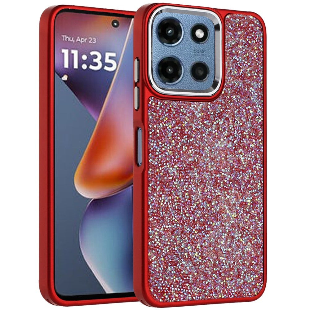For Motorola Moto G 5G 2026/2025 Crystal Sparkle Diamond Glass Full Mini Glitter Bling Frame TPU Hybrid Protective Case Cover Red
