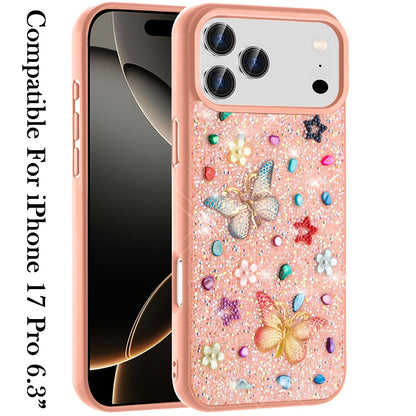 For Apple iPhone 17 Pro (6.3") Diamond Butterfly 3D Glitter Bling Design, Slim Hybrid Sparkle Protective Cover TPU for Women Girls Case Cover