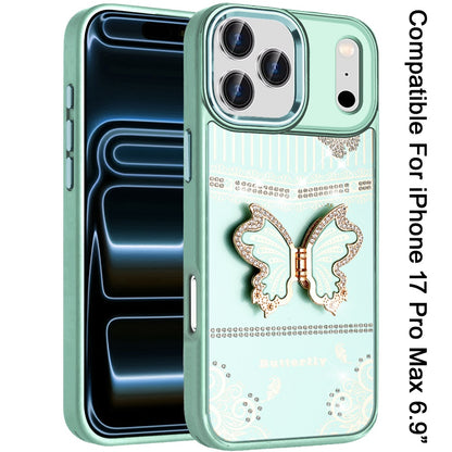 Phone Case for Apple iPhone 17 Pro Max (6.9") Glitter Bling Butterfly Stand Metallic Edge Hybrid Shockproof Grip Durable Camera Protection Stylish Design Cover Teal