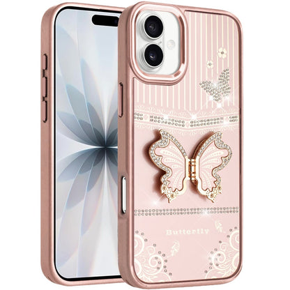 For Apple iPhone 17 (6.3") Glitter 3D Butterfly Design Bling Metallic Edge Hybrid Stand Drop Protection TPU Shockproof Case Cover