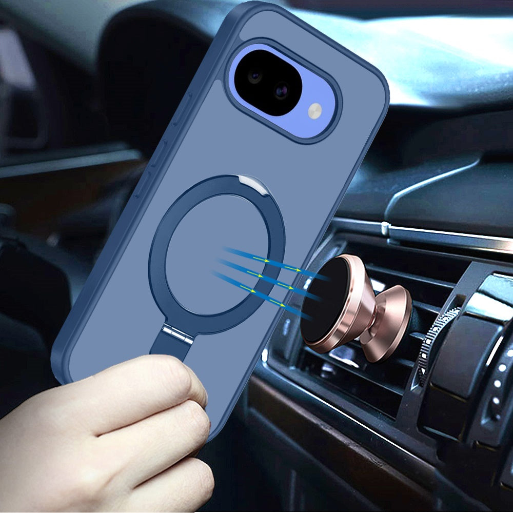 Phone Case for Google Pixel 10A Magnetic Ring Stand Full Rotation Matte Shockproof Grip Anti Slip Durable Camera Protection Hybrid Cover Blue