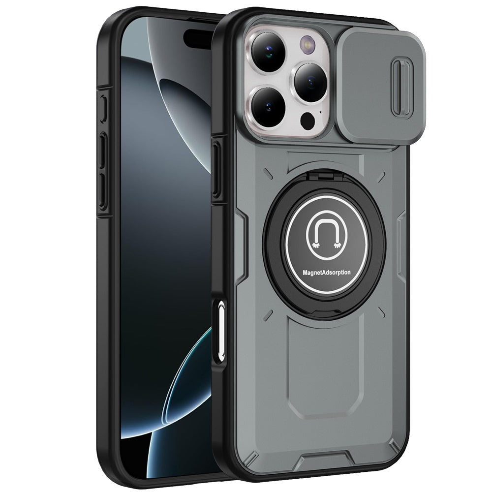 For Apple iPhone 16 Pro Max Build in Invisible Magnetic Ring Stand with Slide Camera Protector, fit Magnetic Car Mount [Compatible with MagSafe] Case Cover