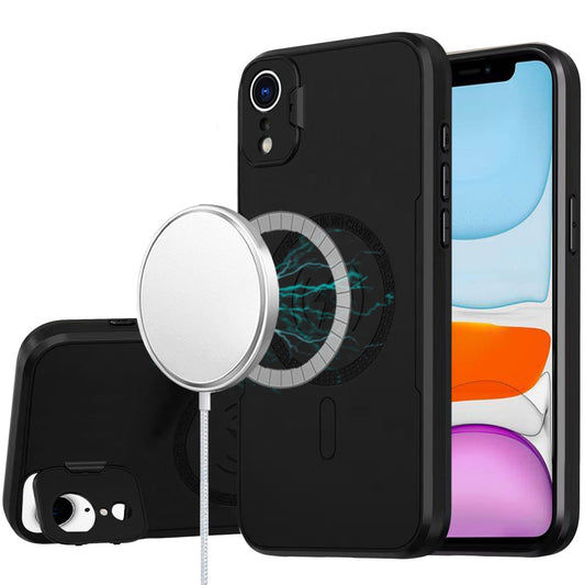 For iPhone XR Foldable Camera Protector Kickstand with MagSafe Compatible, Dual Layer Hybrid Shockproof Case Cover Black