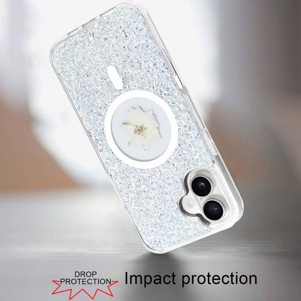 For iPhone 16 (6.1") MagSafe Compatible Glitter Flower Epoxy Hybrid Slim TPU Case, Magnetic Circle Design, Sparkly Bling Protective Case Cover Silver