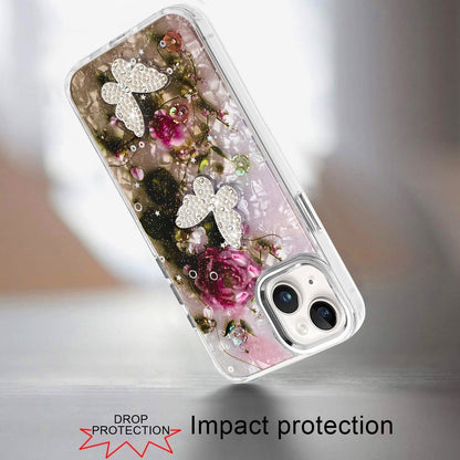 For iPhone 14/13 (6.1") Epoxy Glitter Flowers Bling 3D Butterfly Fashion TPU Hybrid with Shockproof Protection Case Cover Rose Gold