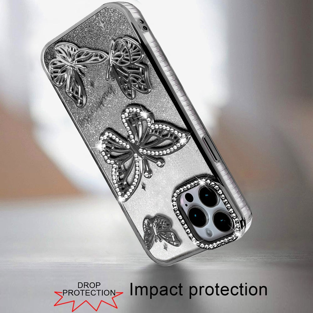 For Apple iPhone 11 Pro Max Luxury Butterfly Sparkle Glitter Diamond Crystal Rhinestone Shimmer Bling Plating Thick TPU Hard PC Case Cover