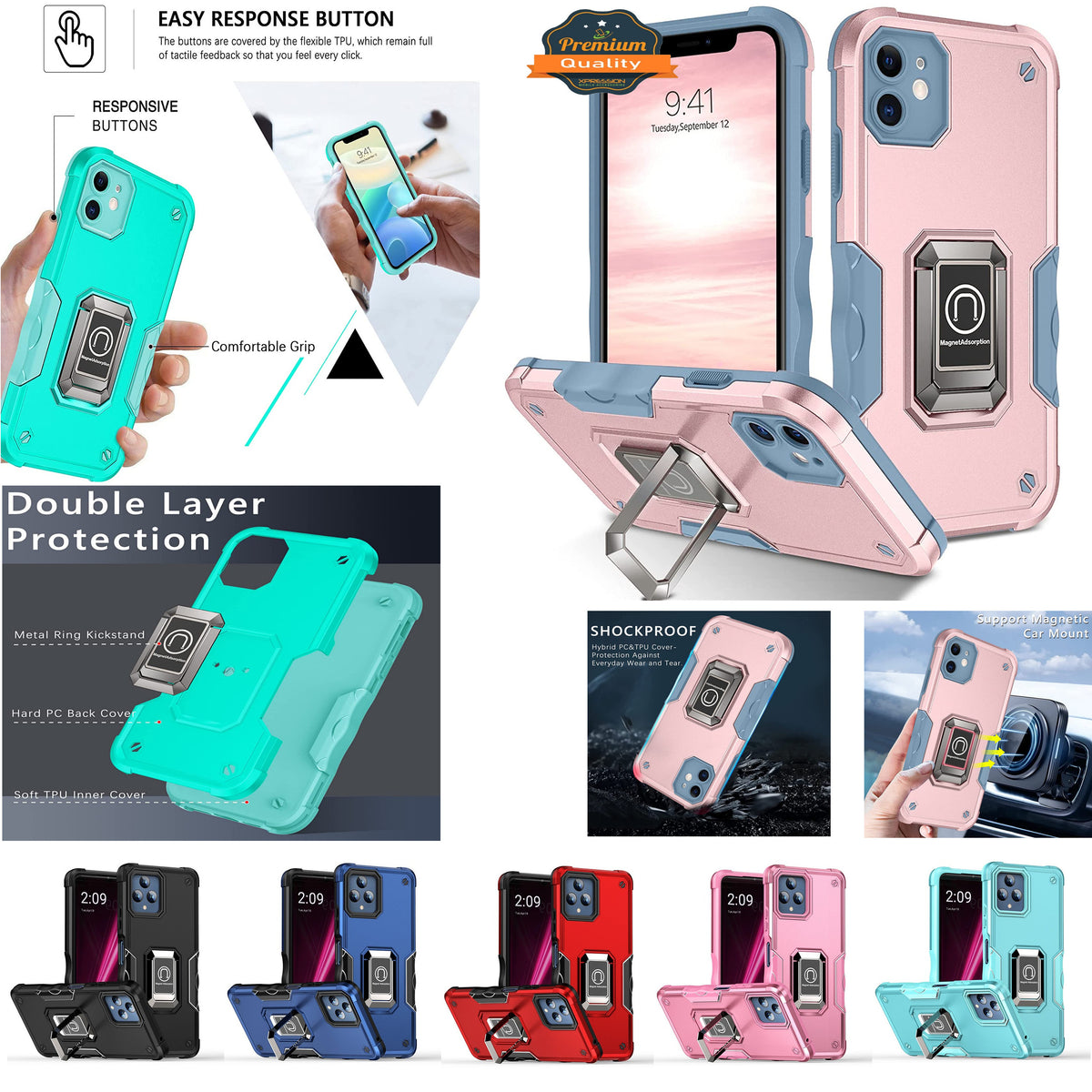 For Apple iPhone 16e /iPhone SE4 Heavy Duty Hybrid 2in1 Hard PC & TPU Rugged Bumper Shockproof with Magnetic Ring Kickstand Case Cover