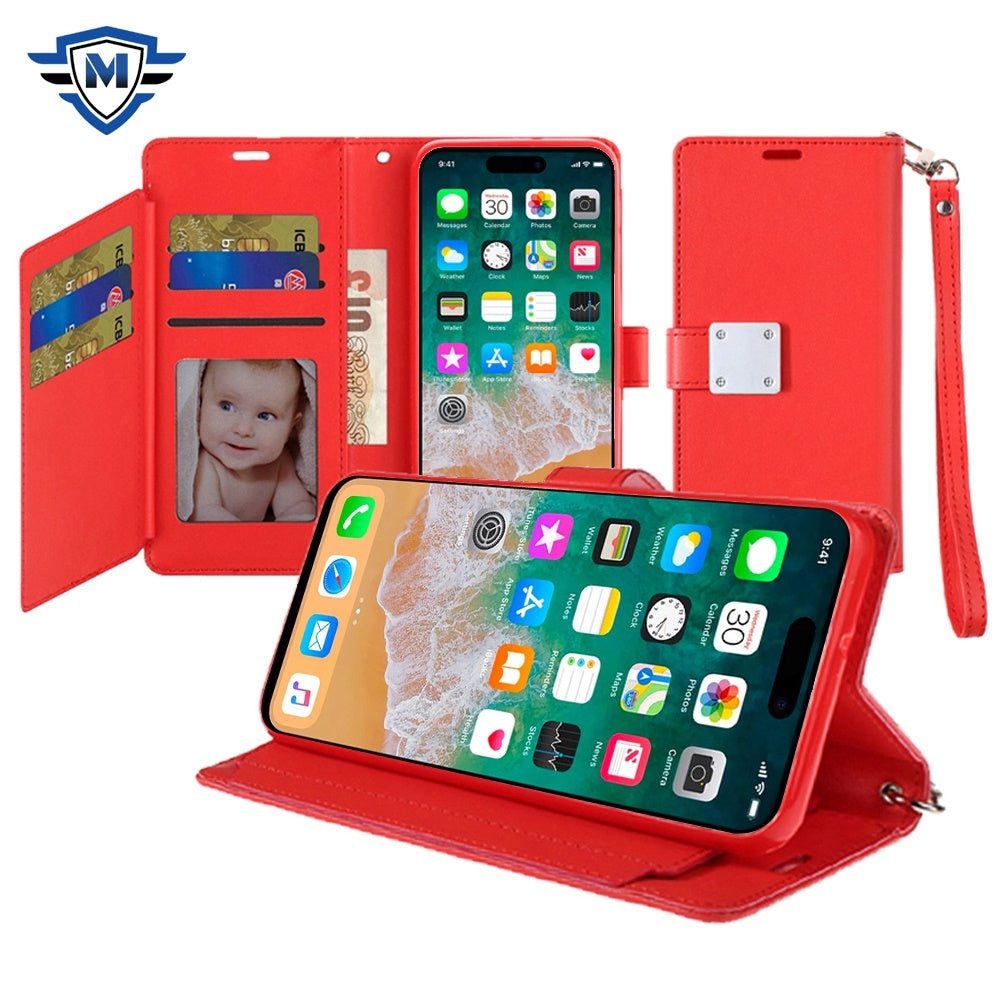 For Apple iPhone 16 Pro Max (6.9") Premium Leather Wallet with Credit Card ID Slots Cash Holder Duo Flip Pouch Stand and Strap Case Cover