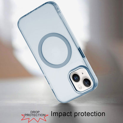 Phone Case for Apple iPhone 14/13 Magnetic Clear Acrylic Metal Button Camera Guard Shockproof Transparent Slim Grip Premium Hybrid Cover Light Blue