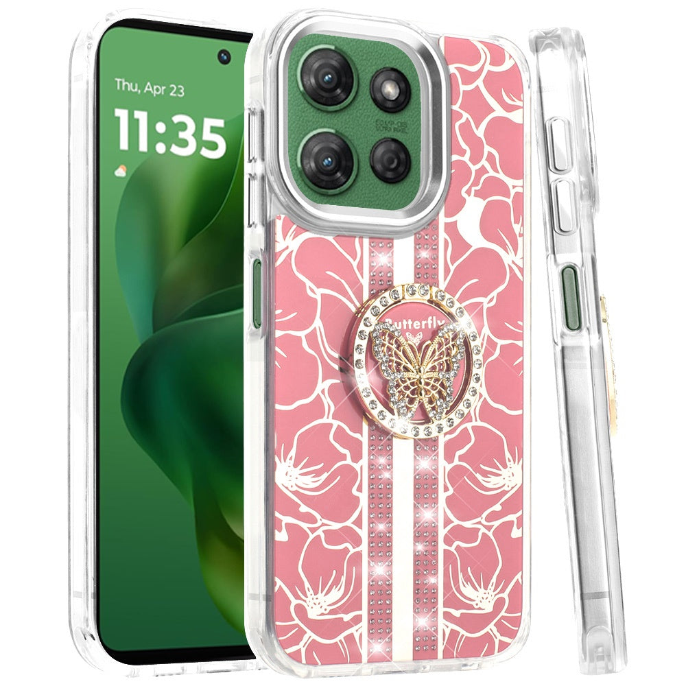 Phone Case for Motorola Moto G Power 5G 2026 /2025 Floral Butterfly Ring Stand Glitter Bling Shockproof Hybrid Luxury Fashion Protective Anti Slip Durable Grip Cover