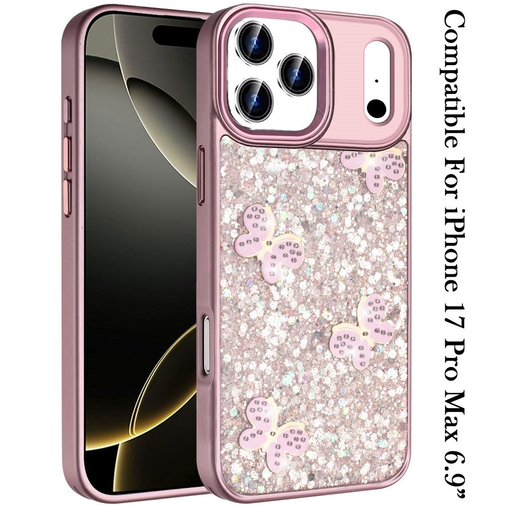 For Apple iPhone 17 Pro Max (6.9") Cute Butterfly Crystal Diamond Glitter Case Sparkle Bling Frame Metallic Edges, Shimmer TPU Hybrid Case Cover