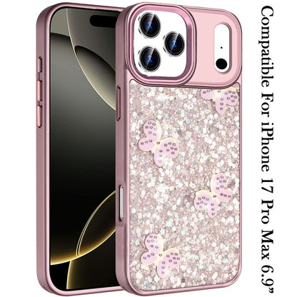 For Apple iPhone 17 Pro Max (6.9") Cute Butterfly Crystal Diamond Glitter Case Sparkle Bling Frame Metallic Edges, Shimmer TPU Hybrid Case Cover