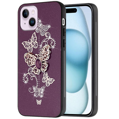 Phone Case for iPhone 15 Plus Diamond Glitter 3D Butterfly Engraved Luxury Bling Hybrid Shockproof Chrome Edge Protective Durable Grip Cover Purple