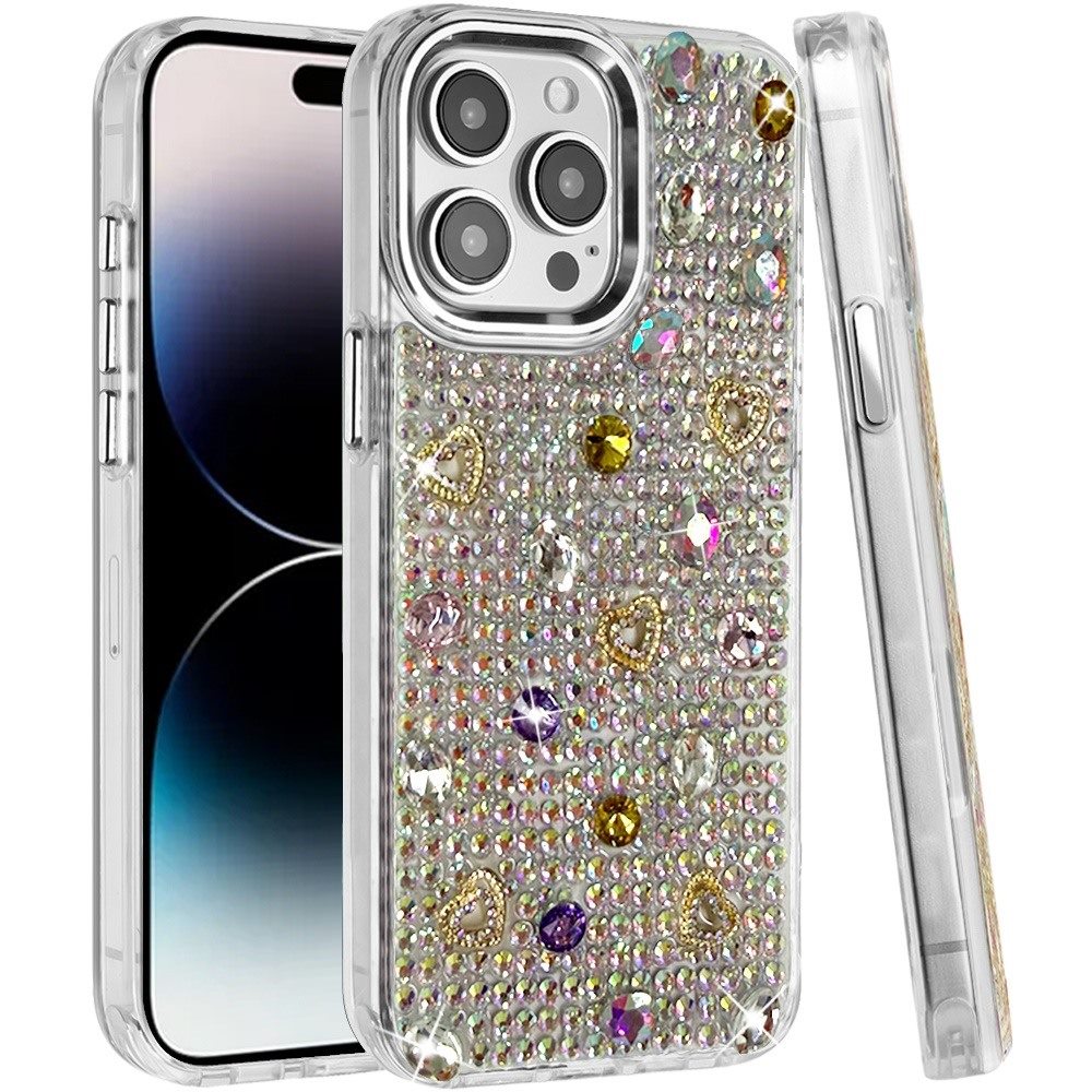 Phone Case for Apple iPhone 14 Pro Max Chrome Fashion Hybrid Bling Diamond Heart Rhinestone Decorative Stones Sparkling Embellished Design Cover