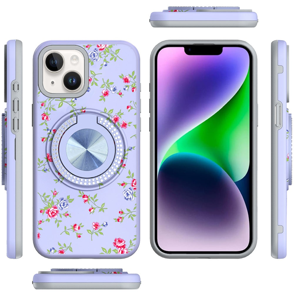 Phone Case for iPhone 14/13 Magnetic Ring Stand Matte Metal Hybrid Car Mount Friendly Shockproof Rotational Grip Diamond Design Pattern Cover