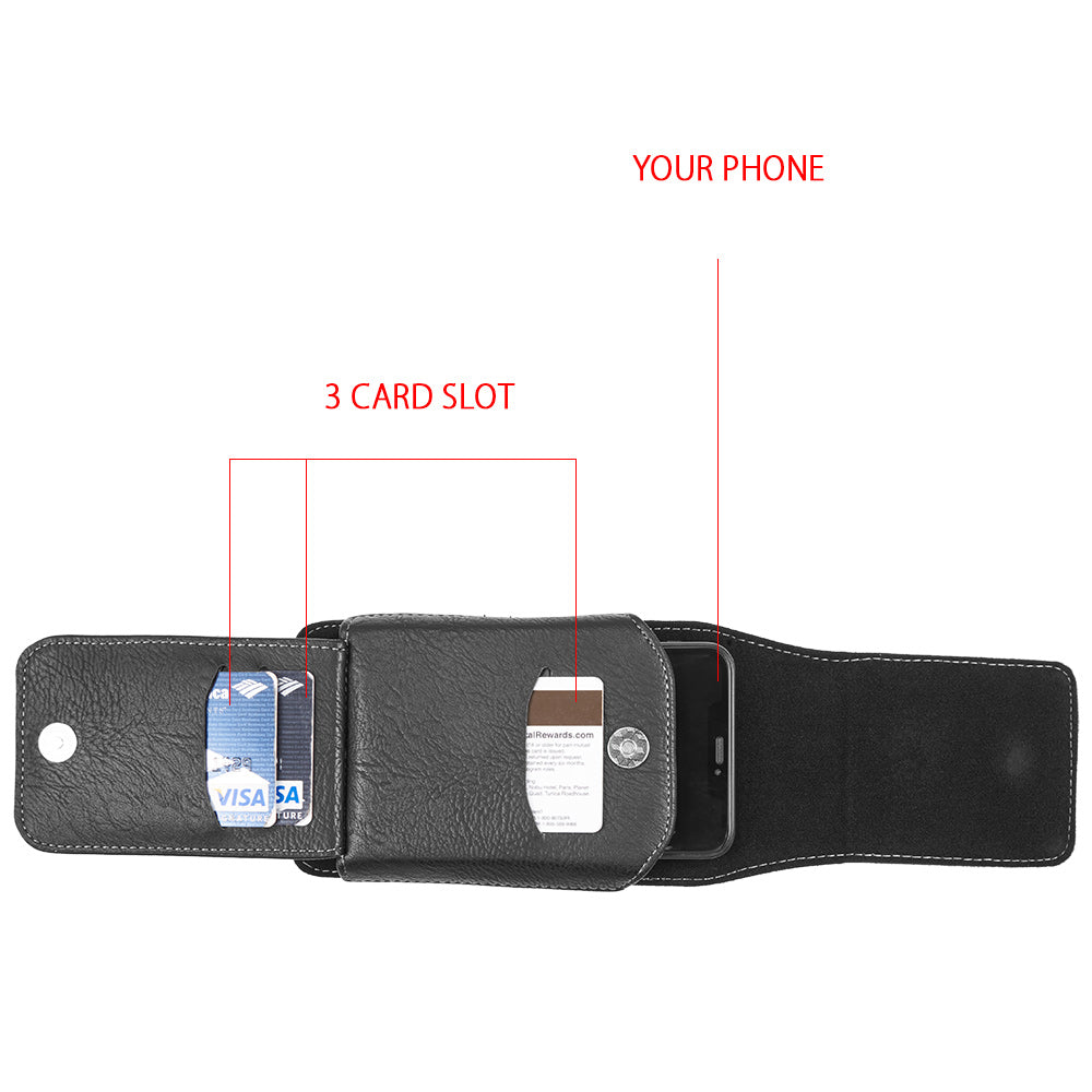 For Apple iPhone 16 Pro (6.3") Universal Vertical Leather Case Holster with 360° Rotation Belt Clip & Credit Card Slots Holder Phone Carrying Phone Waist Pouch [Black]