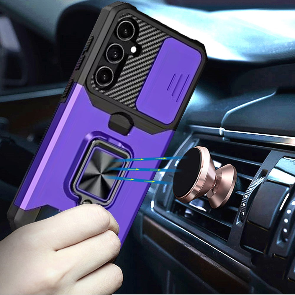 For Samsung Galaxy A26 Wallet Case with Ring Stand & Slide Camera Cover Back Credit Card Slot Holder, Military Grade Case Cover Purple