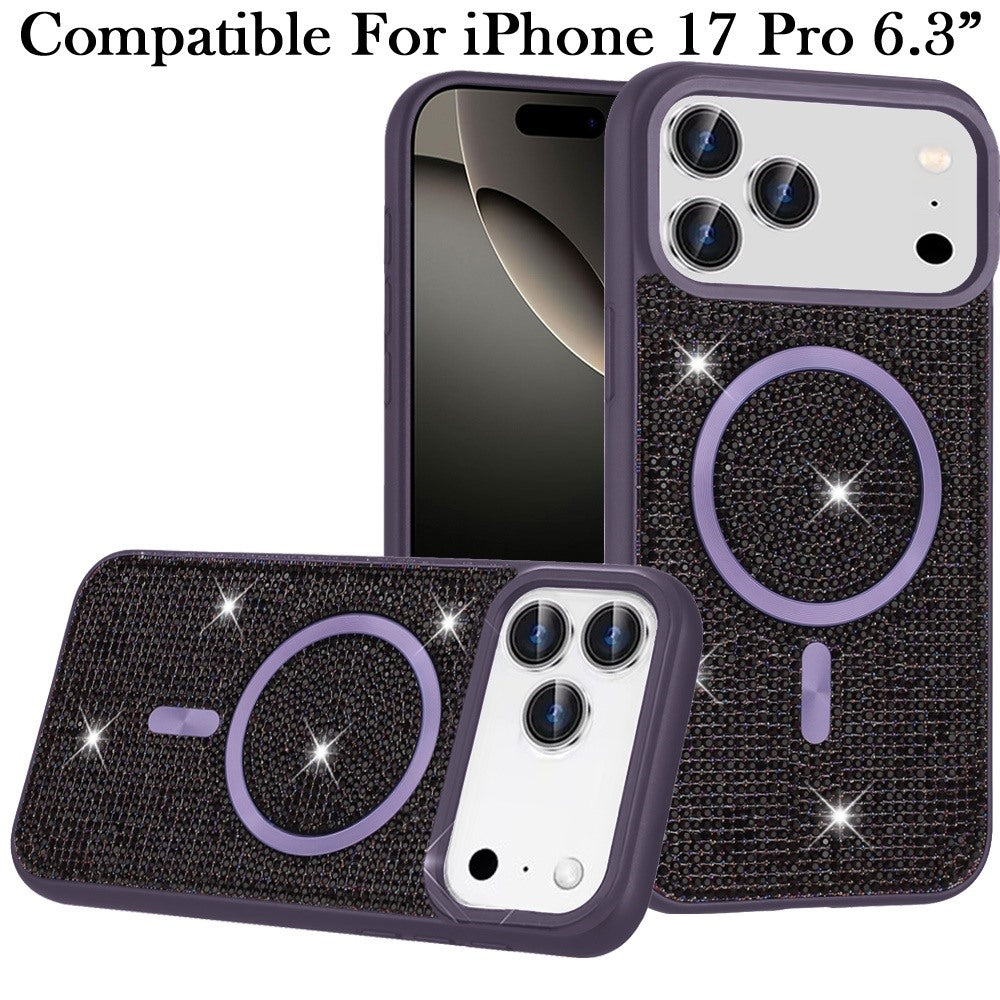 For Apple iPhone 17 Pro (6.3") Sparkly Diamond Bling Case Rhinestone Skin Hybrid with Magnetic Circle, MagSafe Compatible Case Cover