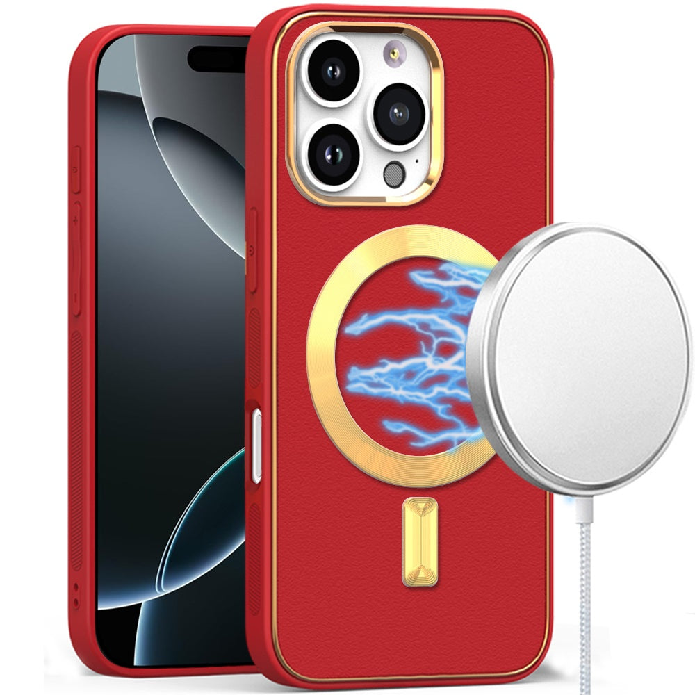For Apple iPhone 16 Pro PU Leather Hybrid Magnetic MagSafe Compatible Shockproof Protection Finish Secure Grip Slim Design Case Cover Red