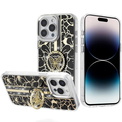 For Apple iPhone 17E /16E Diamonds 3D Butterfly Floral Design Bling Sparkly Glitter Hybrid Metal Fashion with Ring Stand Case Cover