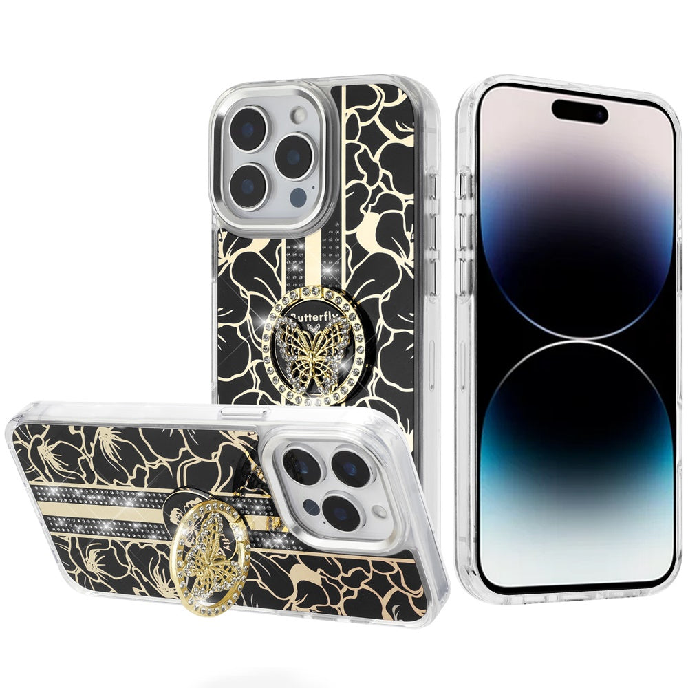For Samsung Galaxy S26+ / S26 Plus Diamonds 3D Butterfly Floral Design Bling Sparkly Glitter Hybrid Metal Fashion with Ring Stand Case Cover