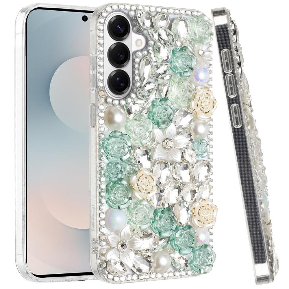 For Samsung Galaxy S26 Fashion Rose Flower Floral, 3D Bling Crystal Full Diamonds Pearl Sparkle Rhinestone Glitter Hybrid Case Cover