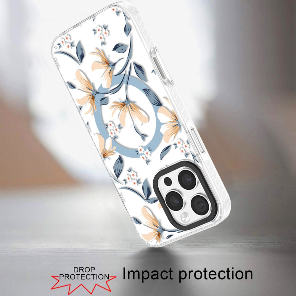 Phone Case for iPhone 16 Pro Max Magnetic Hybrid IMD Floral Compatible with MagSafe Shockproof Slim Hybrid Fashion Design TPU Protective Cover White