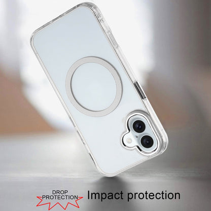 For iPhone 16 (6.1") Transparent Back Hybrid Case - Magnetic Circle, Color Frame, Metal Buttons, MagSafe Compatible Case Cover Clear