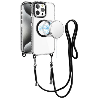 For Apple iPhone 15 Pro Max Clear Magnetic Frame PC Back Shockproof Protective Case with Detachable Lanyard Strap, Compatible with MagSafe Case Cover