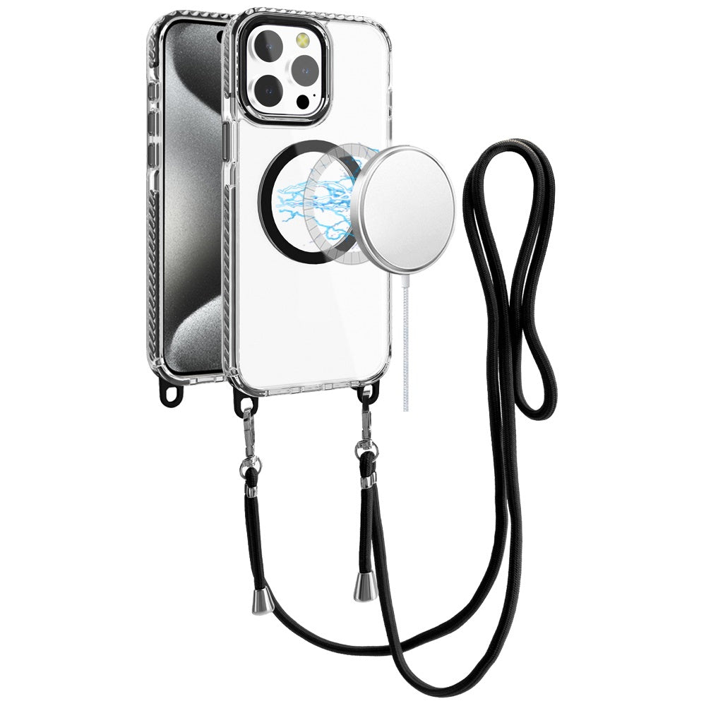 For Apple iPhone 13 Pro Max Clear Magnetic Frame PC Back Shockproof Protective Case with Detachable Lanyard Strap, Compatible with MagSafe Case Cover