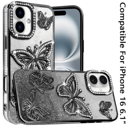 Phone Case for Apple iPhone 16 Butterfly Freedom Shimmer Glitter Thick TPU Shockproof Anti Slip Durable Protective Design Cover