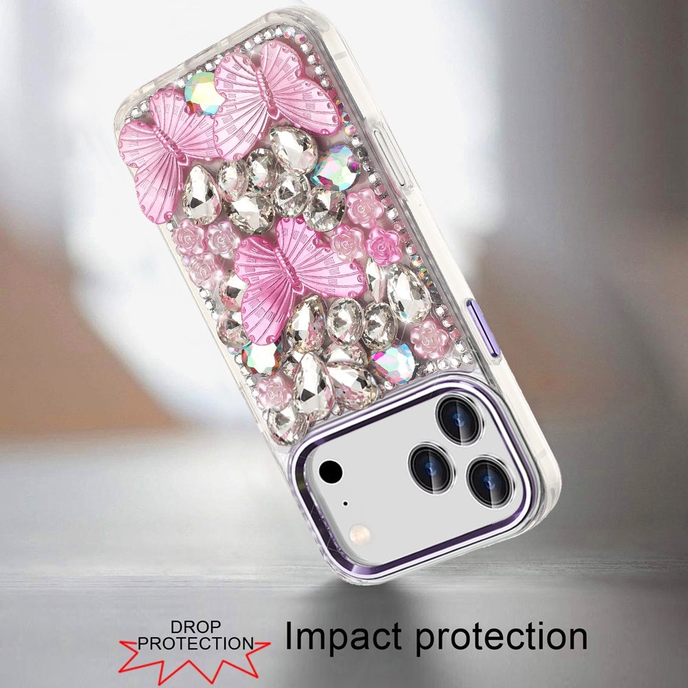 Phone Case for Apple iPhone 17 Pro Max (6.9") Luxury 3D Floral Butterfly Bling Rhinestone Glitter Shockproof Stylish Protective Hybrid Designer Metallic Cover Purple