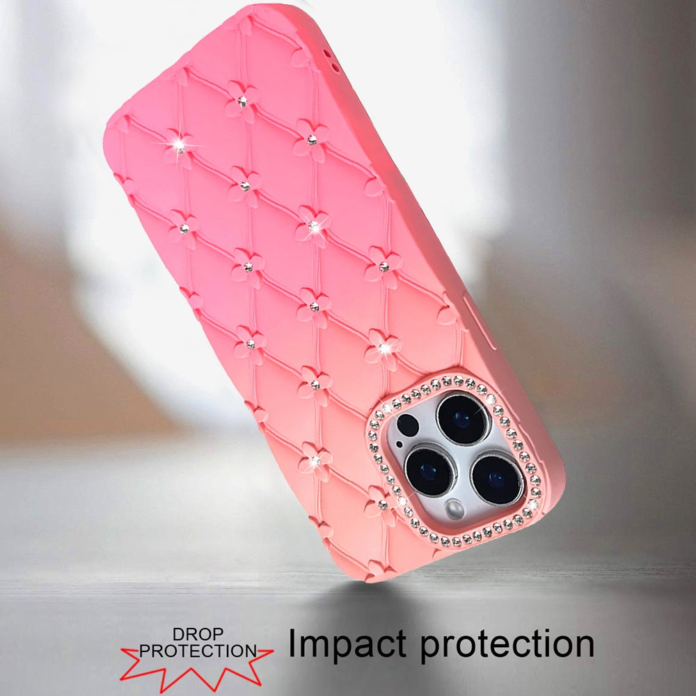 For Apple iPhone 11 Fashion Flower Design Sparkle Glitter Shimmer Rhinestone Bling Floral Accents, Leather Texture TPU Case Cover Orange /Pink