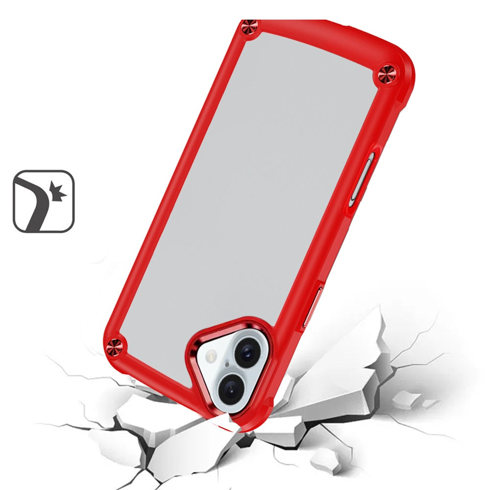 For iPhone 16 (6.1") Hybrid Transparent Rubber with Metal Buttons & Camera Edges Hard TPU Corner Frame Bumper Case Cover Red