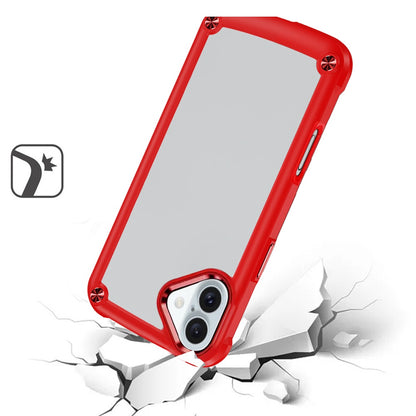 For iPhone 16 (6.1") Hybrid Transparent Rubber with Metal Buttons & Camera Edges Hard TPU Corner Frame Bumper Case Cover Red