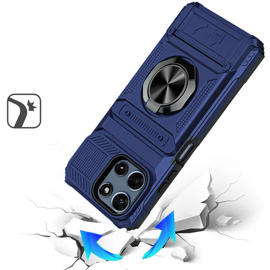 Phone Case for Motorola Moto G Play 5G 2026 Multi Functional Card Slot Shockproof Metal Ring Hybrid Wallet Rugged Protective Grip Heavy Duty Durable Cover Blue