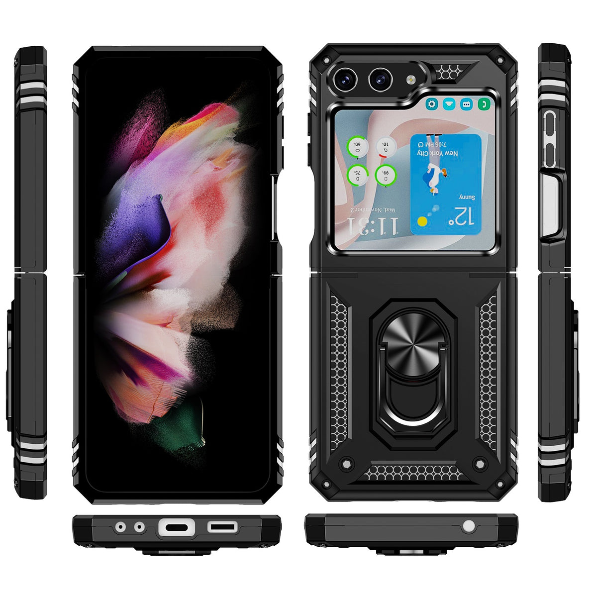 For Samsung Galaxy Z Flip 7 FE Hybrid Shockproof Protective with Magnetic 360° rotating Ring Kickstand, TPU Rubber PC Case Cover Black