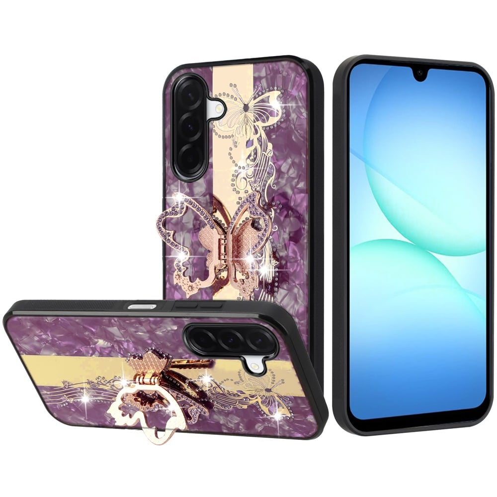 Phone Case for Samsung Galaxy A17 5G Diamond 3D Fashion Floral Glitter Engraved Luxury Bling Hybrid Shockproof Chrome Edge Protective Grip Cover Purple