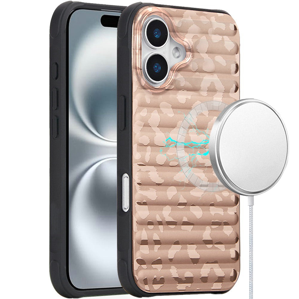 For iPhone 16 (6.1") Chrome Leopard Magnetic Hybrid Shockproof Protection Design Secure Grip Stylish Durable Finish Case Cover Rose Gold Leopard