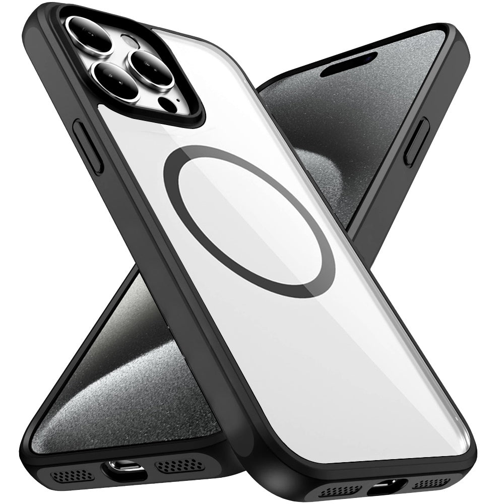 Phone Case for Apple iPhone 15 Pro Max Transparent Magnetic HQ Shockproof Hybrid 2.0mm Thick AntiSlip Grip Drop Protection Rugged Clear Durable Impact Cover Black