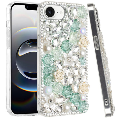 For Apple iPhone 16e Fashion Rose Flower Floral Bling Crystal 3D Full Diamonds Pearl Sparkle Rhinestone Glitter Hybrid Case Cover