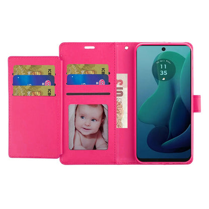 For Motorola Moto G 5G 2024 Premium Leather Wallet with Credit Card ID Slots Cash Holder, Duo Flip Pouch, Stand Function & Strap Case Cover Hotpink