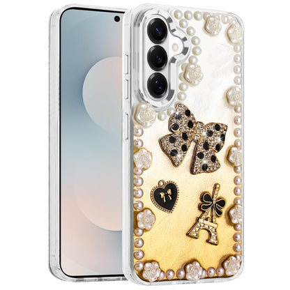 For Samsung Galaxy S26 Bling Fashion Design with 3D Pearls Epoxy Glitter Ornaments Chrome Edge Hard Slim PC Case Cover