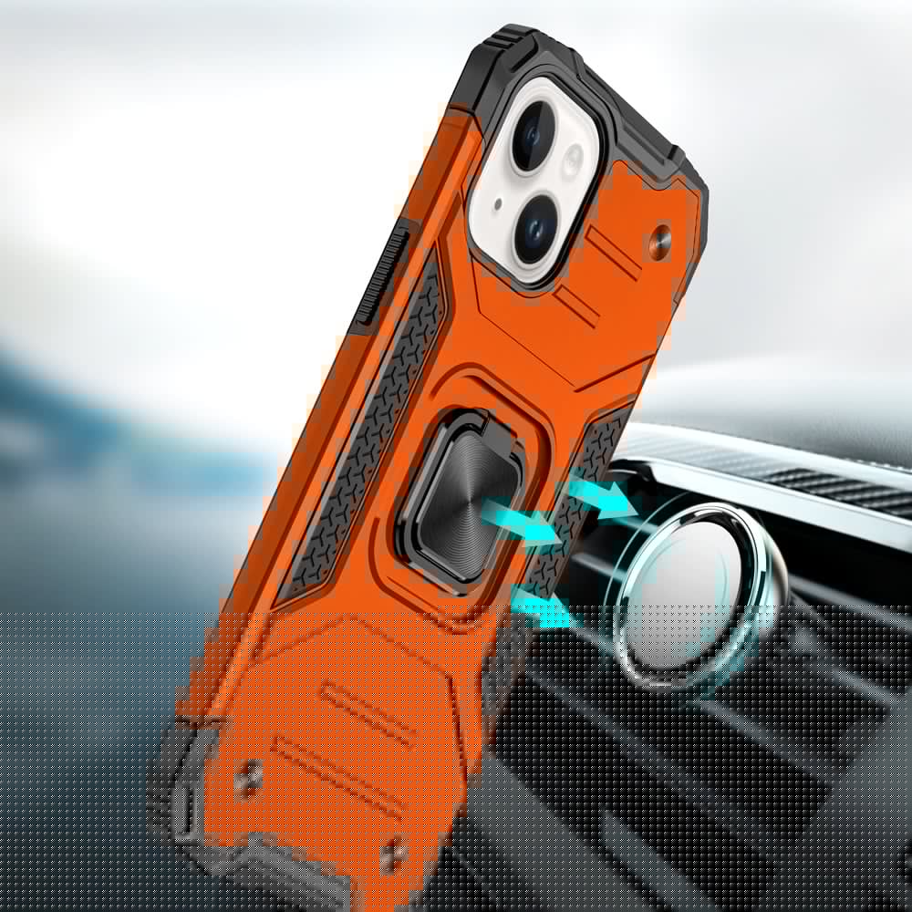 For iPhone 15 (6.1") Armor Hybrid Magnetic Stand with Ring Holder Kickstand Shockproof Heavy-Duty Durable Rugged TPU Dual Layer Case Cover Cosmic Orange