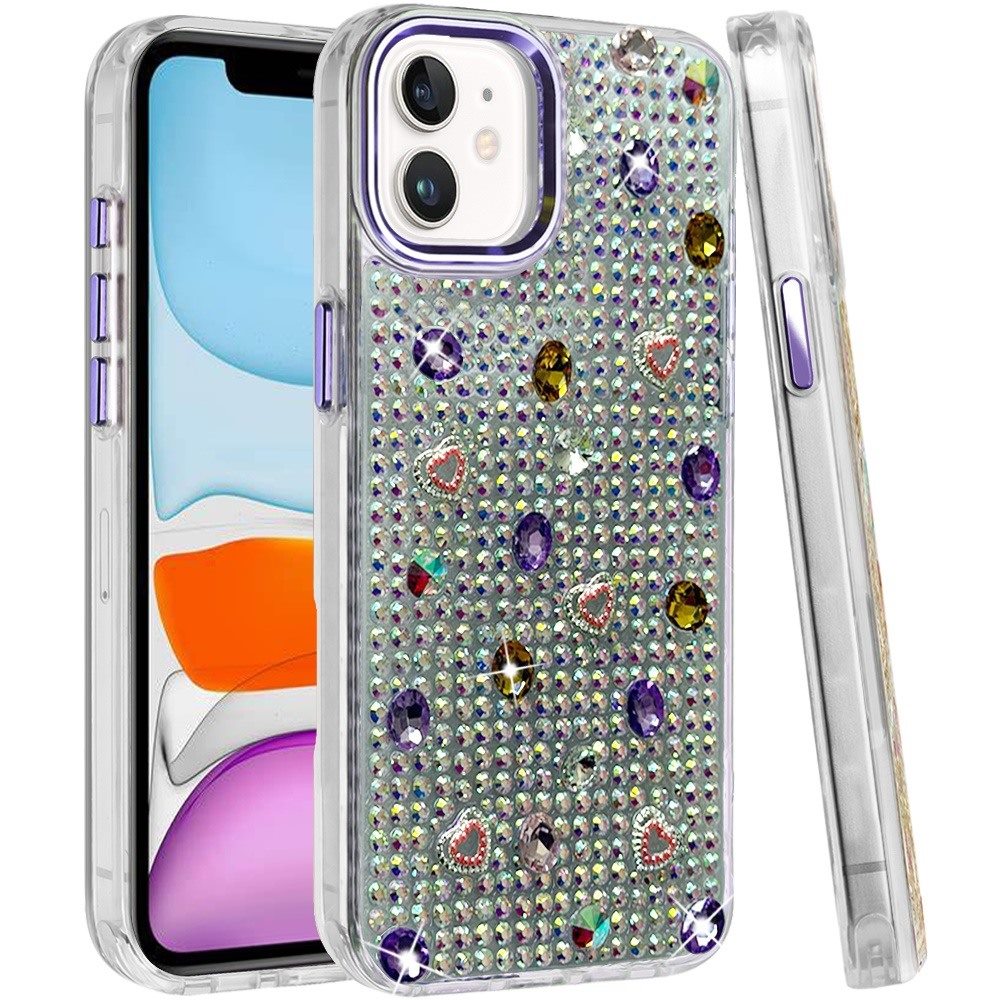 Phone Case for Apple iPhone 11 Chrome Fashion Hybrid Bling Diamond Heart Rhinestone Decorative Stones Sparkling Embellished Design Cover