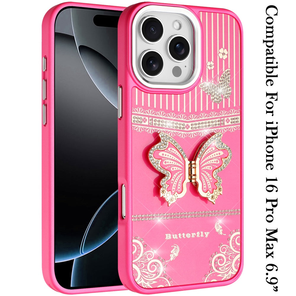 For iPhone 16 Pro Max (6.9") Glitter 3D Butterfly Design Bling Metallic Edge Hybrid Stand Drop Protection TPU Shockproof Protector