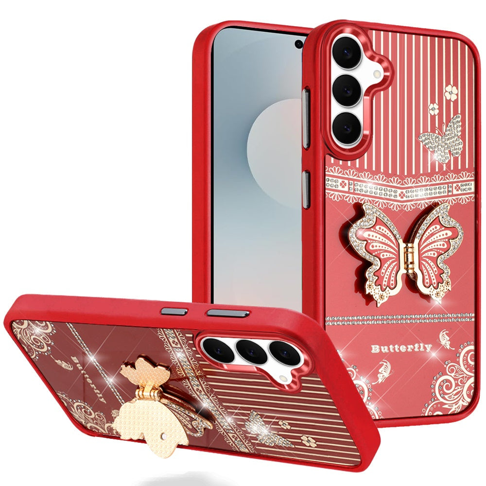 For Samsung Galaxy S25 FE /S25 Fan Edition Glitter 3D Butterfly Design Bling Metallic Edge Hybrid Stand Drop Protection TPU Shockproof Case Cover Red