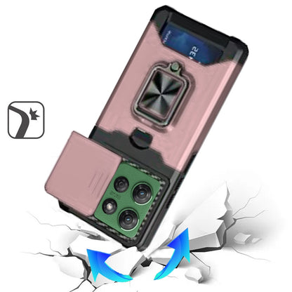 For Motorola Moto G Power 5G 2025 Wallet Case with Ring Stand & Slide Camera Cover Back Credit Card Slot Holder, Military Grade Case Cover Rose Gold