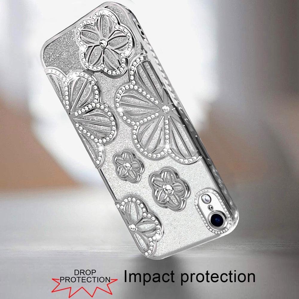 For iPhone XR Luxury Flower Design Sparkle Glitter Diamond Rhinestone Shimmer Bling Plating Thick TPU Hard PC Case Cover
