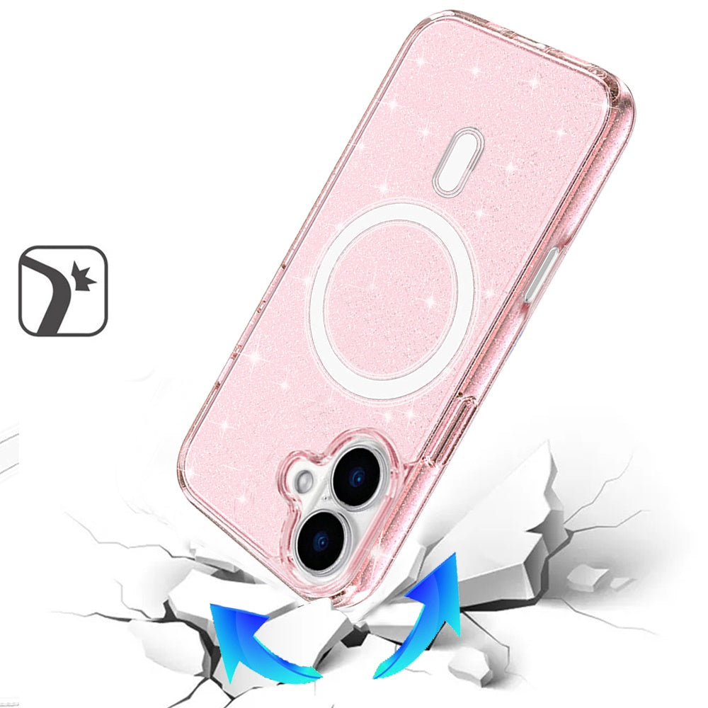 For Apple iPhone 17 MagSafe Compatible Glitter Sparkle Bling Hybrid Case with Magnetic Circle, Slim TPU & Hard PC Frame Case Cover Pink